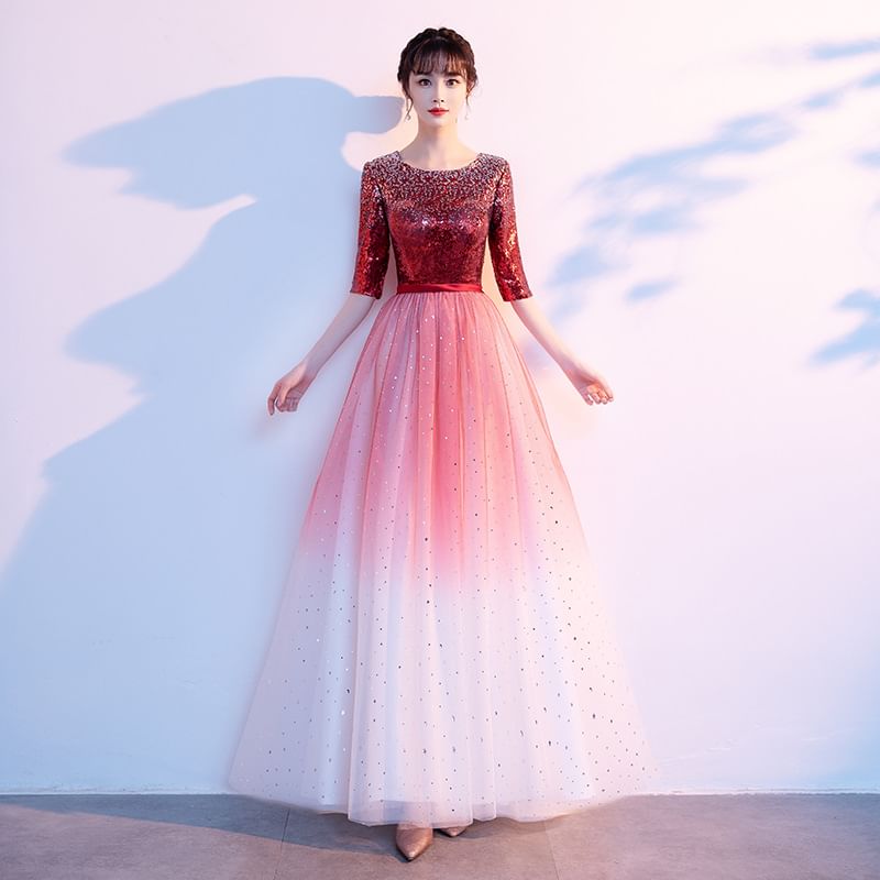 Gradient Sequin Elbow-Sleeve Evening Gown A-Line