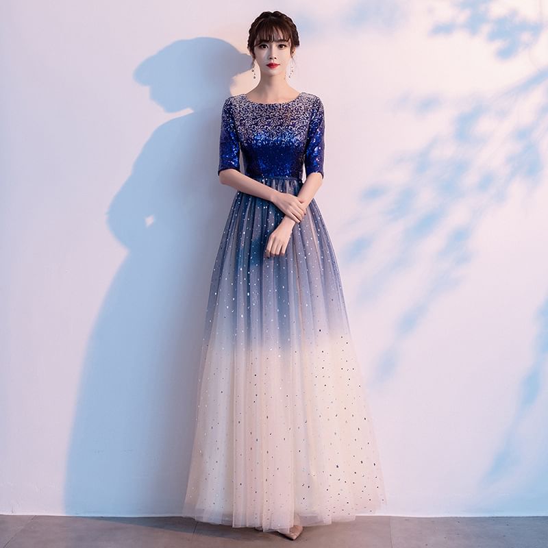 Gradient Sequin Elbow-Sleeve Evening Gown A-Line