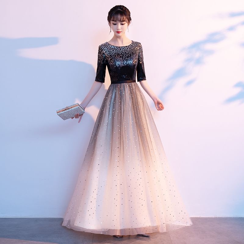 Gradient Sequin Elbow-Sleeve Evening Gown A-Line