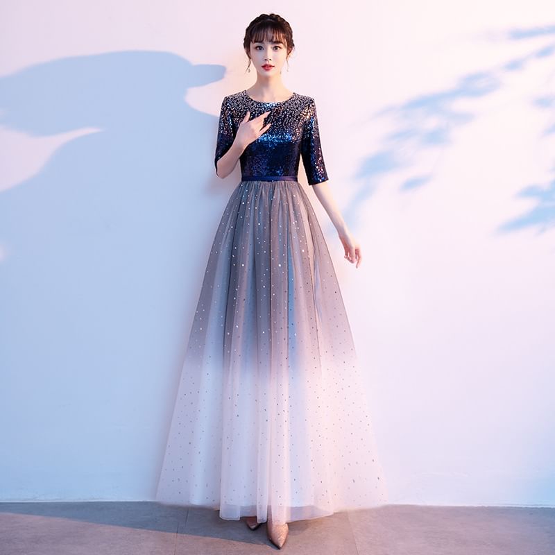 Gradient Sequin Elbow-Sleeve Evening Gown A-Line