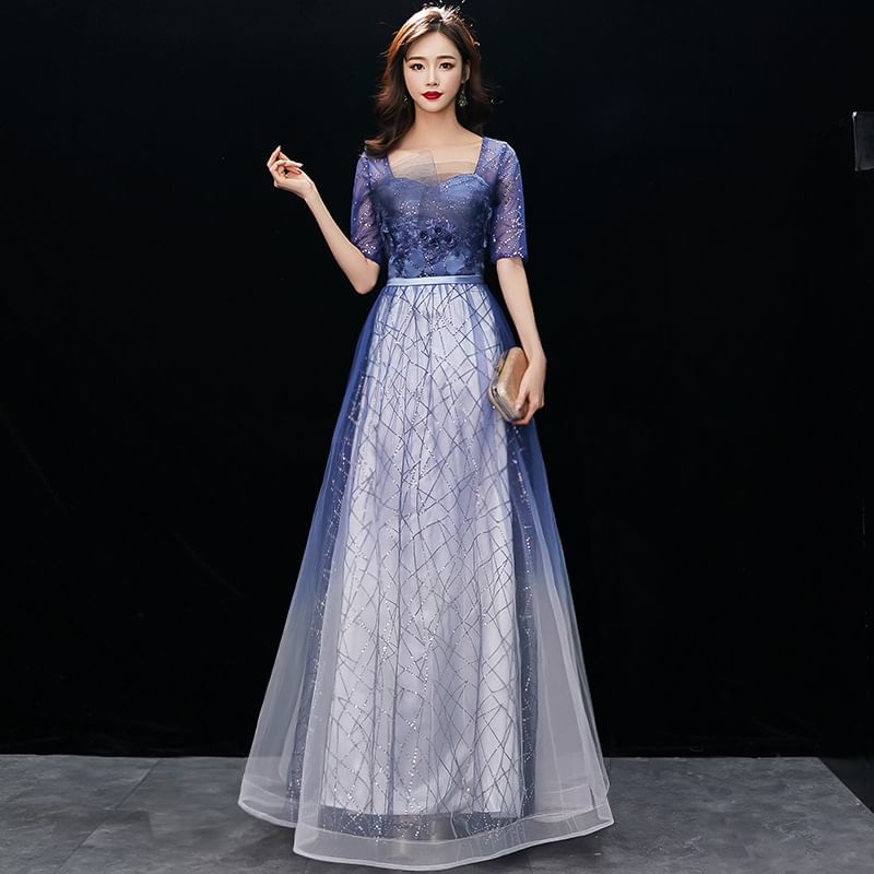 Gown Embroidered A-Line Sequin Flower Evening