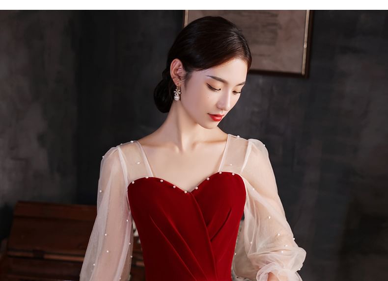/ Faux Dress A-Line Evening Plain Midi Pearl Gown Puff-Sleeve