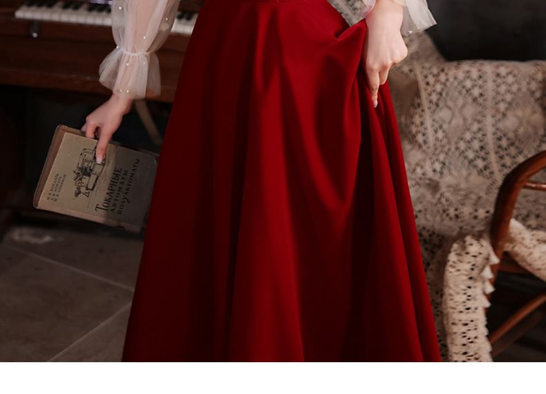 / Faux Dress A-Line Evening Plain Midi Pearl Gown Puff-Sleeve