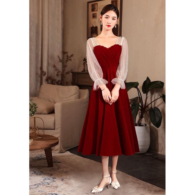 / Faux Dress A-Line Evening Plain Midi Pearl Gown Puff-Sleeve