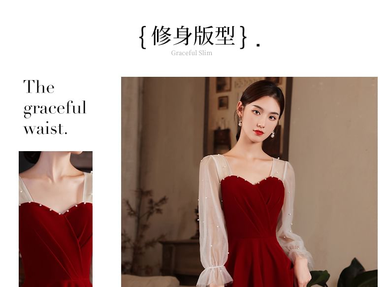 / Faux Dress A-Line Evening Plain Midi Pearl Gown Puff-Sleeve