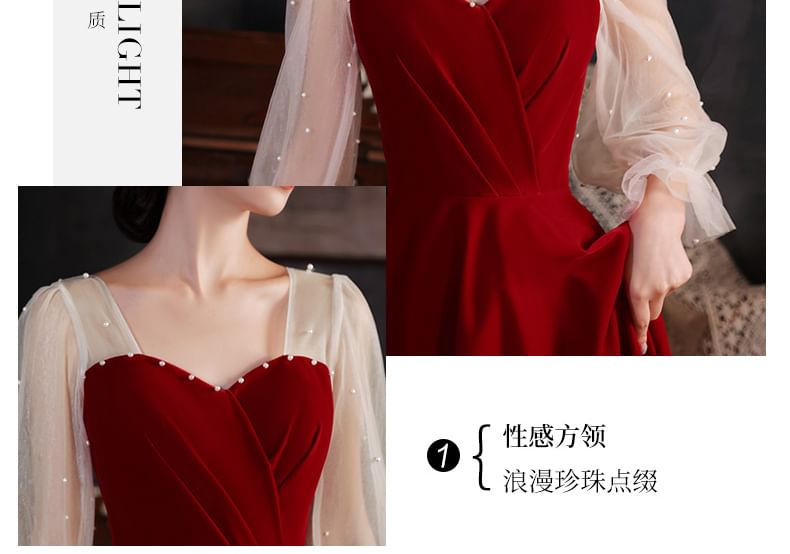 / Faux Dress A-Line Evening Plain Midi Pearl Gown Puff-Sleeve