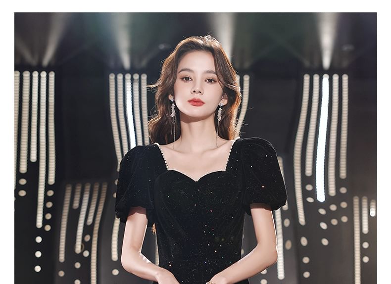 Puff-Sleeve Evening Gown Sequin A-Line