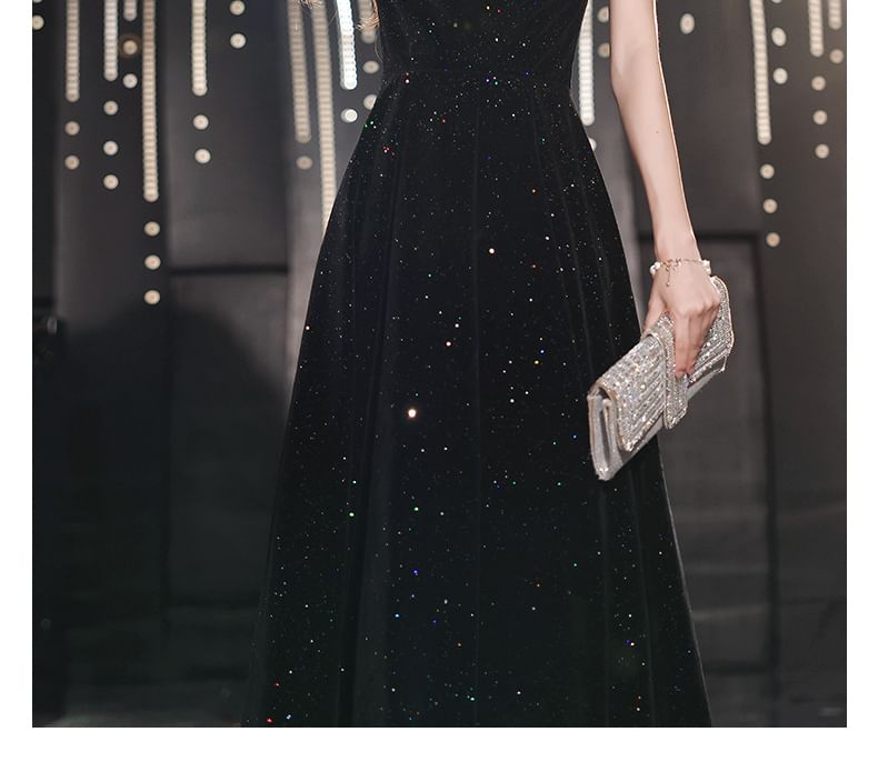 Puff-Sleeve Gown Sequin A-Line Evening