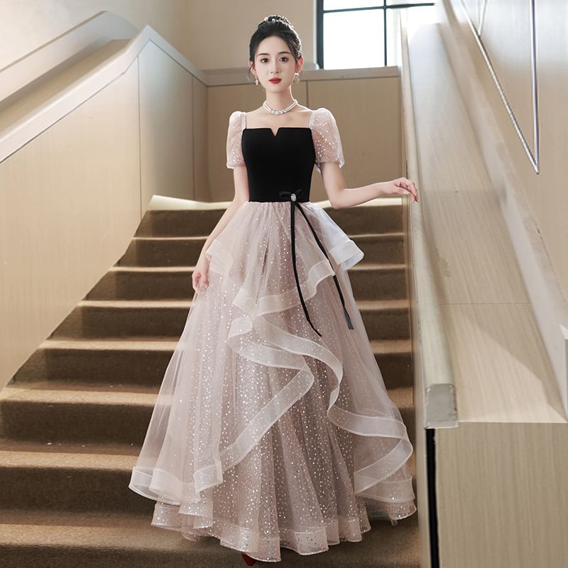 / Sequin Evening Cocktail Gown A-Line Dress Puff-Sleeve