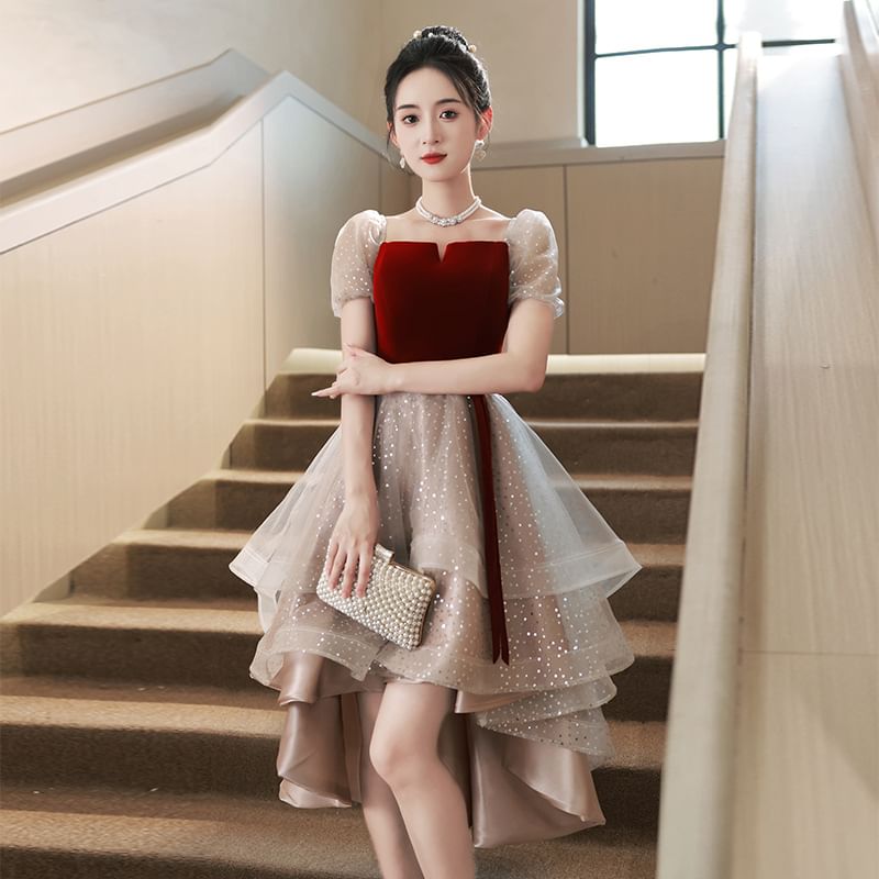 / Sequin Evening Cocktail Gown A-Line Dress Puff-Sleeve