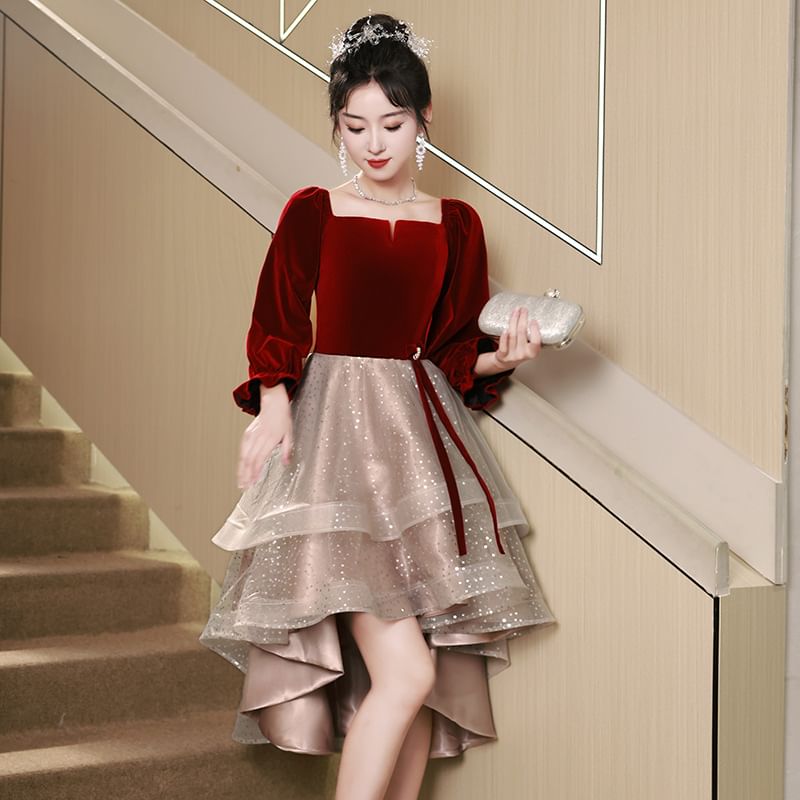 / Sequin Evening Cocktail Gown A-Line Dress Puff-Sleeve