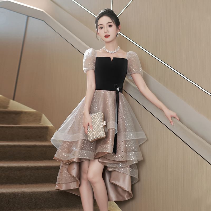 / Sequin Evening Cocktail Gown A-Line Dress Puff-Sleeve