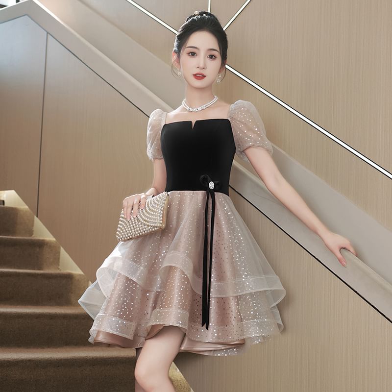 / Sequin Evening Cocktail Gown A-Line Dress Puff-Sleeve