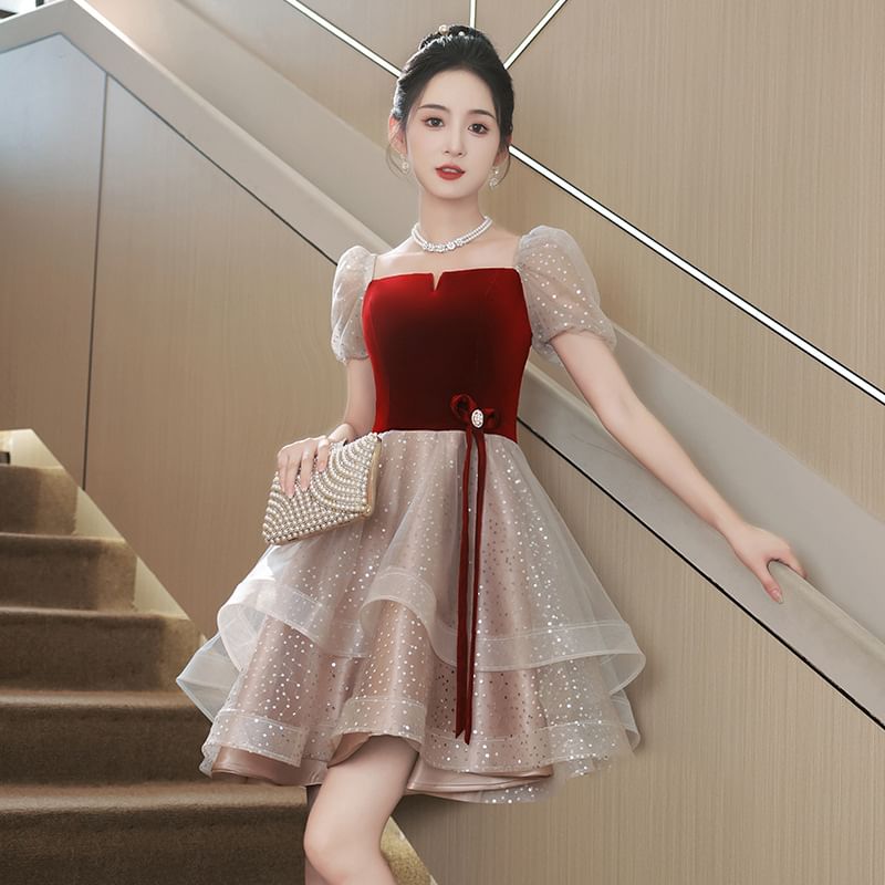 / Sequin Evening Cocktail Gown A-Line Dress Puff-Sleeve