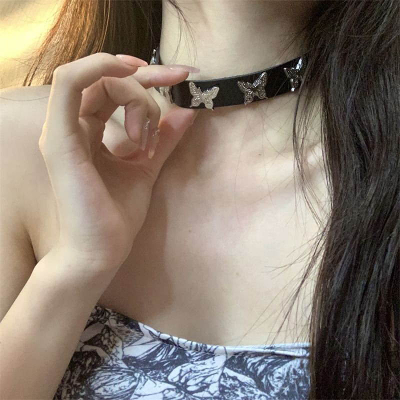 Choker Leather Butterfly Faux