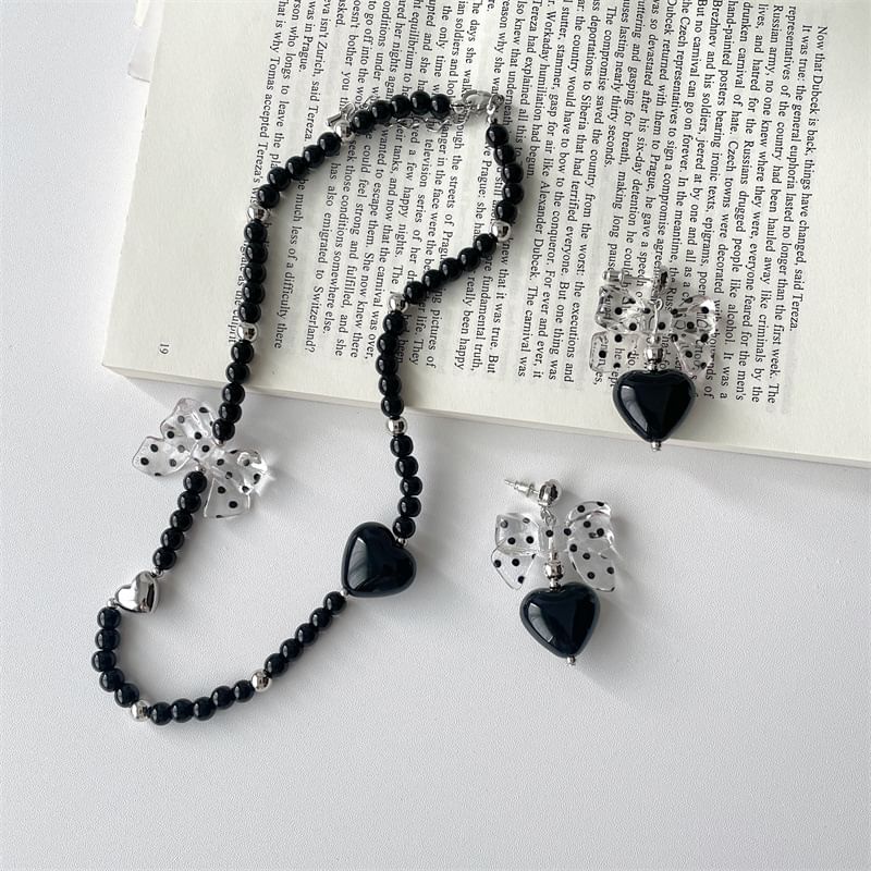 / Heart Accent Drop Necklace Earring