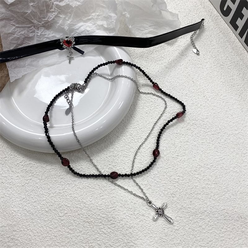 / Choker Rhinestone Faux Leather Cross Necklace