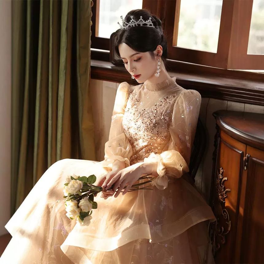 Puff-Sleeve Print Gown Butterfly A-Line Ruffle Sequin Evening