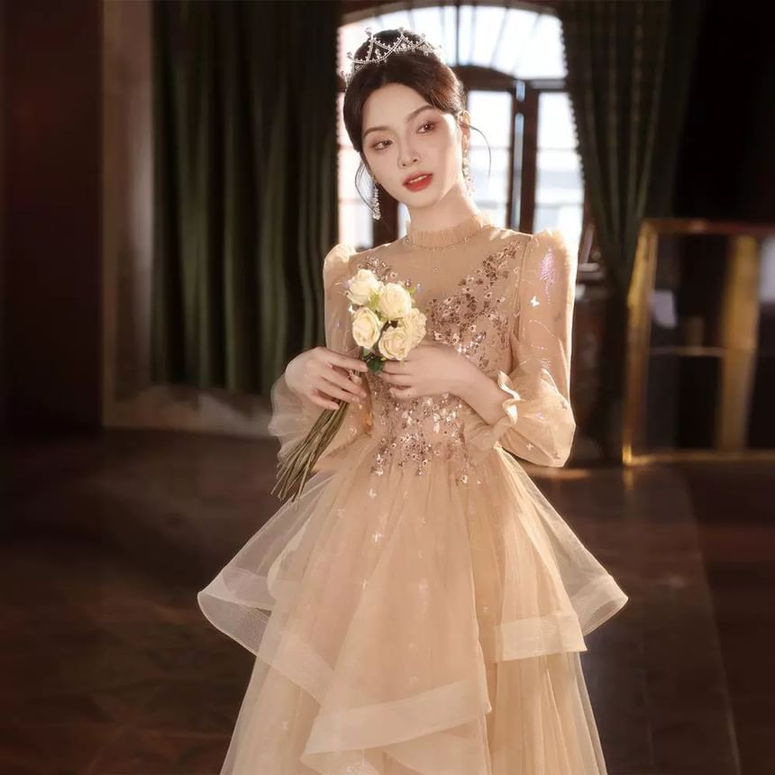 Puff-Sleeve Print Gown Butterfly A-Line Ruffle Sequin Evening