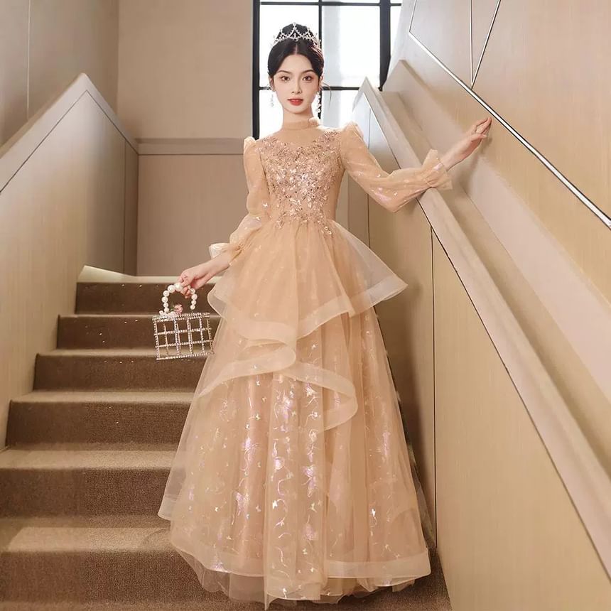 Puff-Sleeve Print Gown Butterfly A-Line Ruffle Sequin Evening