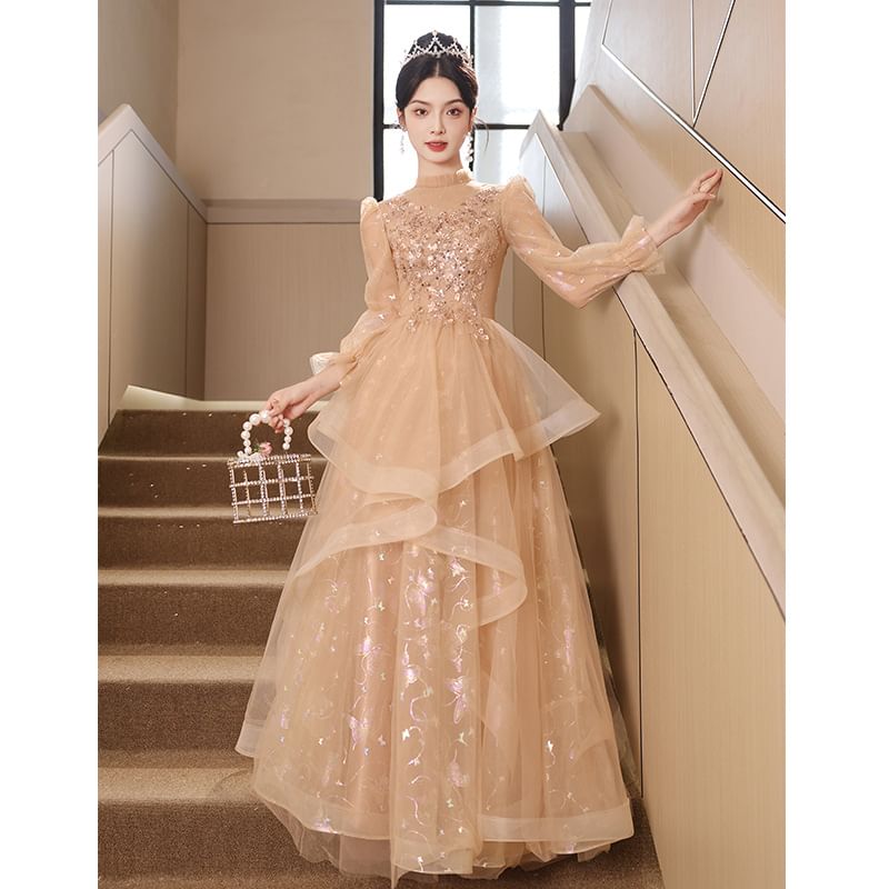 Puff-Sleeve Print Gown Butterfly A-Line Ruffle Sequin Evening