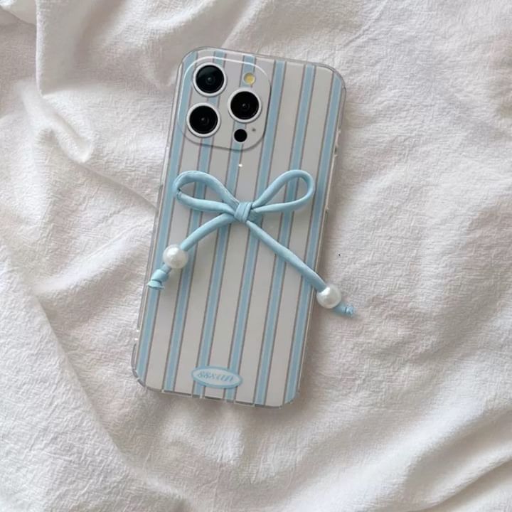 / Adhesive Case Faux Striped Set Decoration Bow Phone Pearl