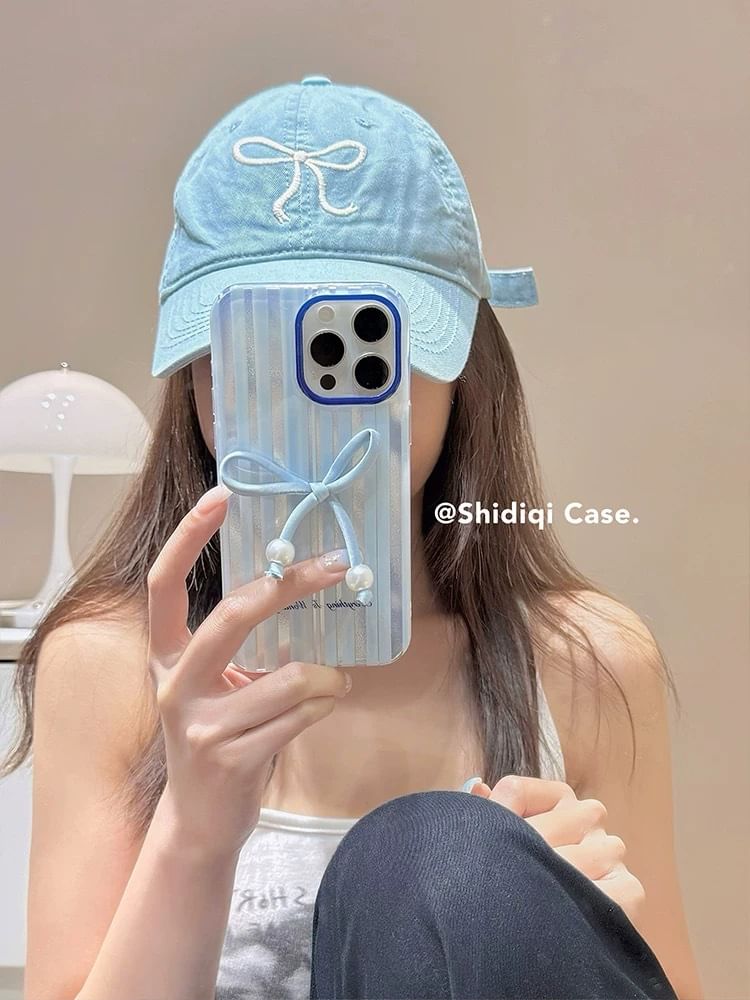 / Adhesive Case Faux Striped Set Decoration Bow Phone Pearl