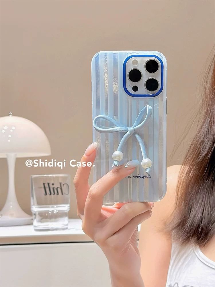 / Adhesive Case Faux Striped Set Decoration Bow Phone Pearl