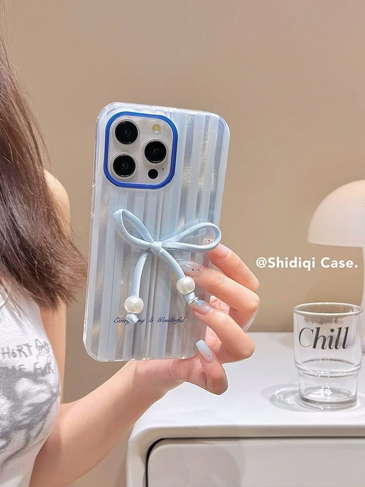 / Adhesive Case Faux Striped Set Decoration Bow Phone Pearl