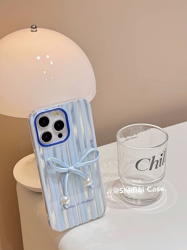 / Adhesive Case Faux Striped Set Decoration Bow Phone Pearl