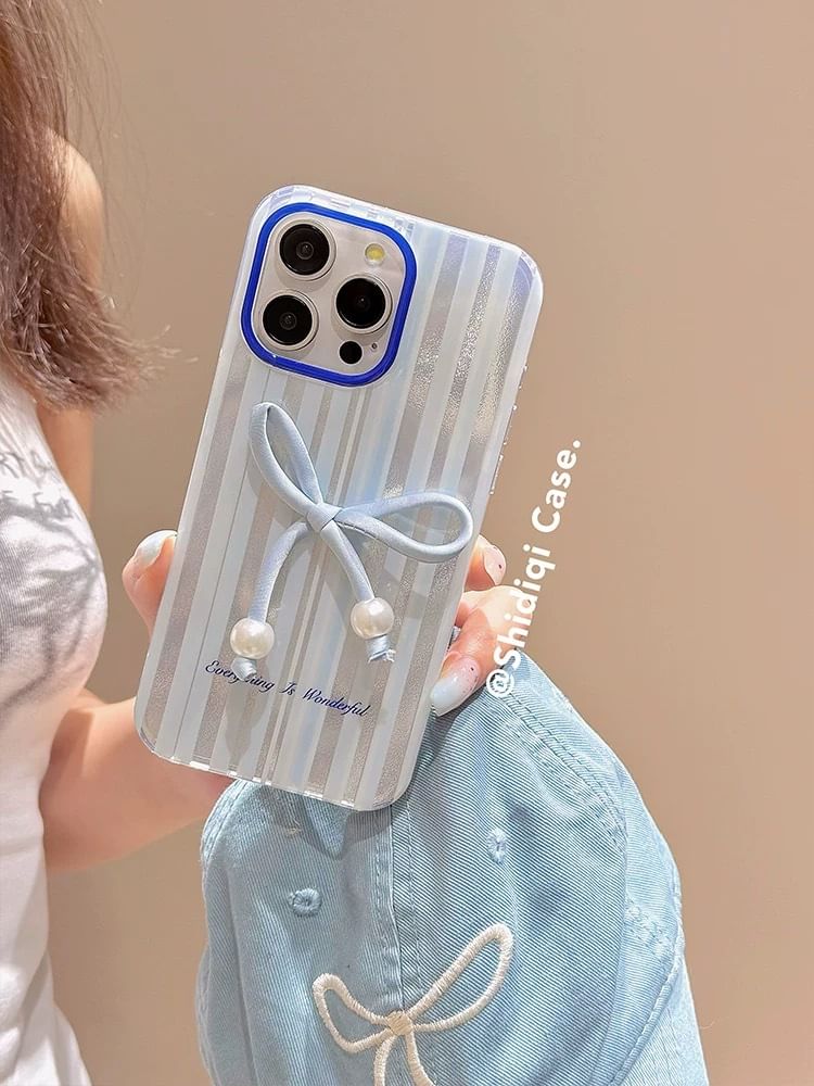/ Adhesive Case Faux Striped Set Decoration Bow Phone Pearl