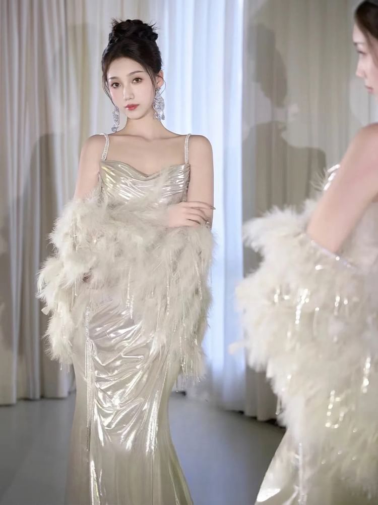 Cowl Gown Strap Spaghetti Plain Evening A-Line Neck