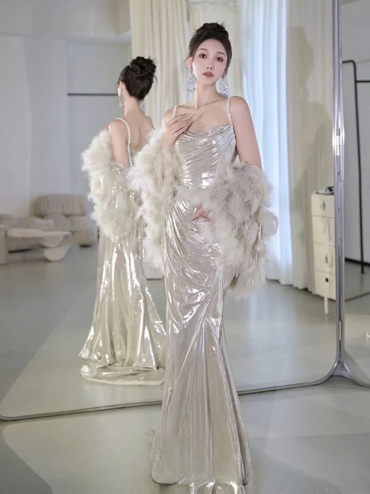 Cowl Gown Strap Spaghetti Plain Evening A-Line Neck