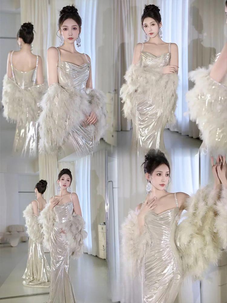 Cowl Gown Strap Spaghetti Plain Evening A-Line Neck