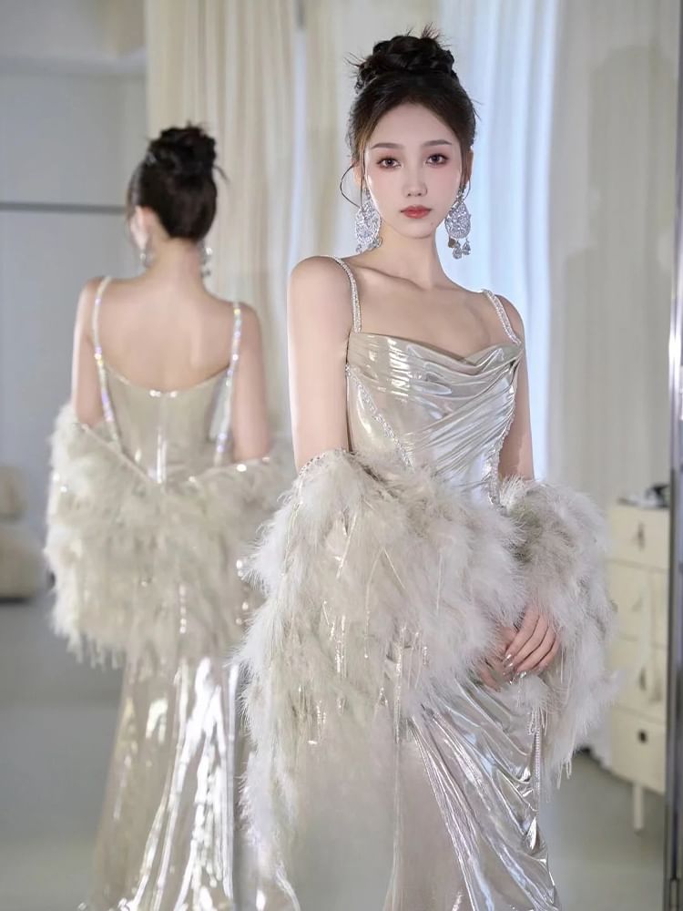 Cowl Gown Strap Spaghetti Plain Evening A-Line Neck