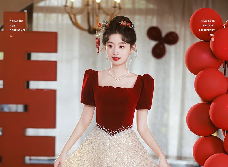 Gown Square Evening Panel Neck Short-Sleeve A-Line Sequin