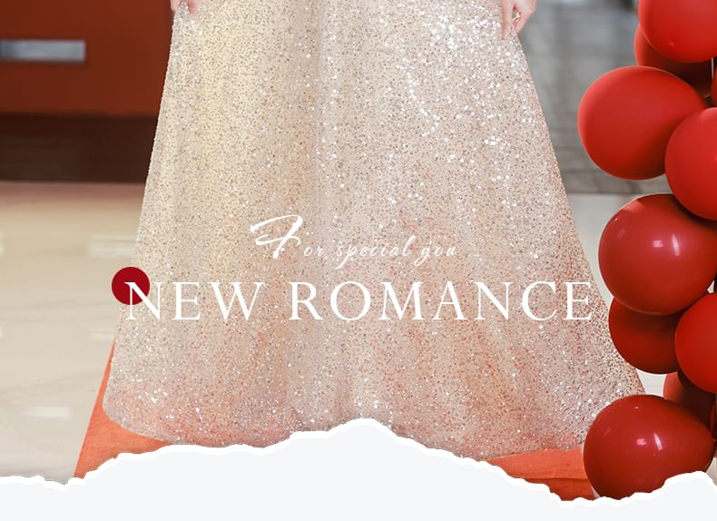 Gown Square A-Line Panel Neck Evening Sequin Short-Sleeve