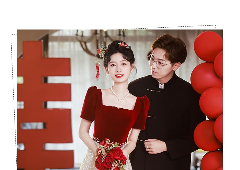 Gown Square Evening Panel Neck Short-Sleeve A-Line Sequin