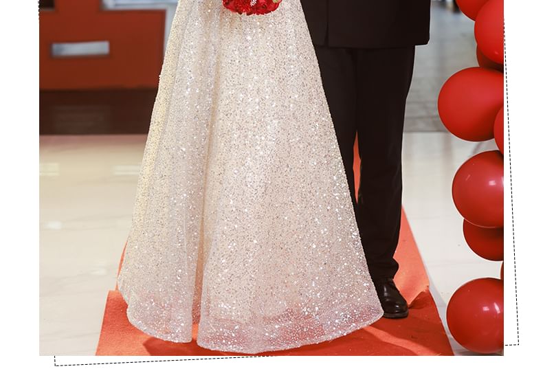 Gown Square A-Line Panel Neck Evening Sequin Short-Sleeve