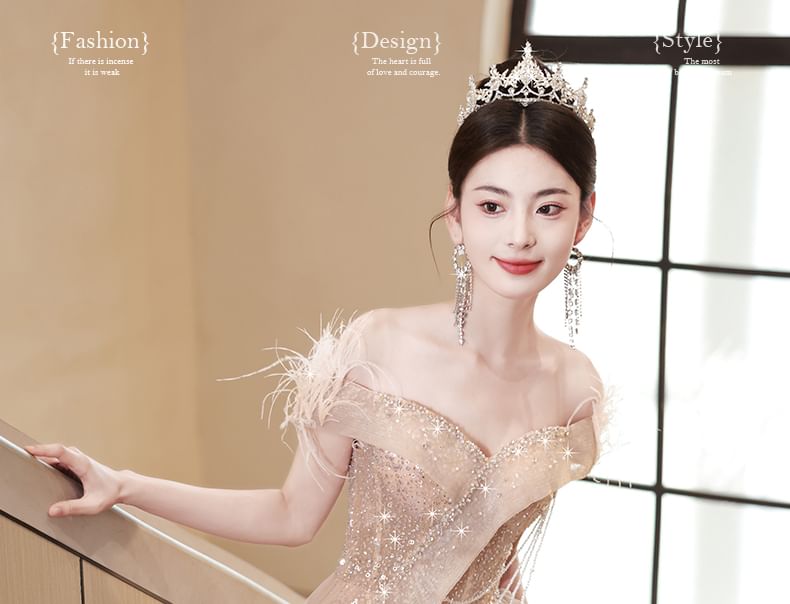 Gown Fringed Sequin Off-Shoulder Evening Mesh A-Line Sleeveless