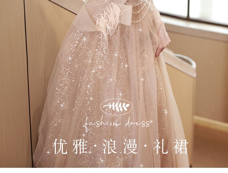 Gown Evening Sleeveless Mesh Fringed A-Line Off-Shoulder Sequin