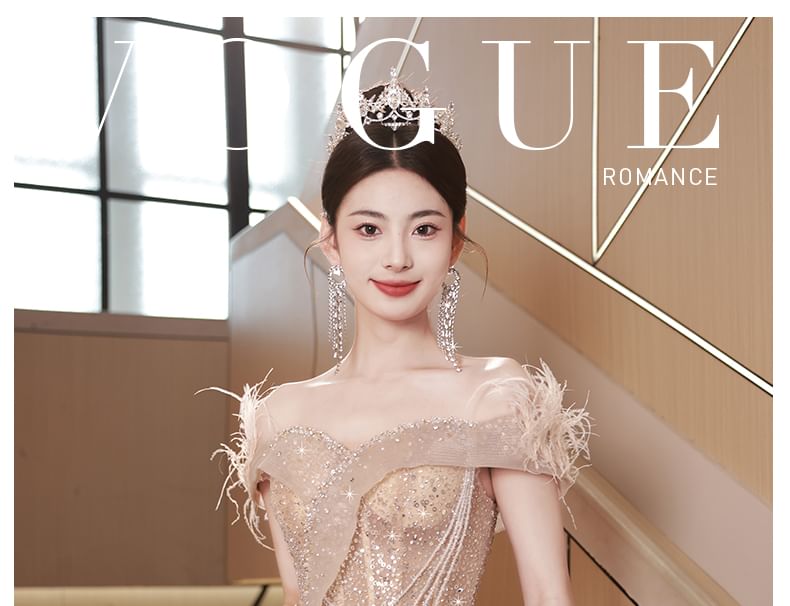 Gown Evening Sleeveless Mesh Fringed A-Line Off-Shoulder Sequin