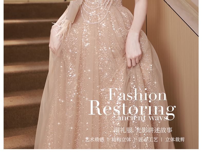 Gown Evening Sleeveless Mesh Fringed A-Line Off-Shoulder Sequin