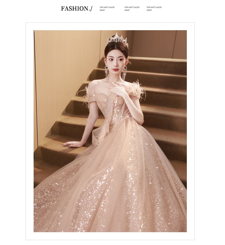 Gown Fringed Sequin Off-Shoulder Evening Mesh A-Line Sleeveless