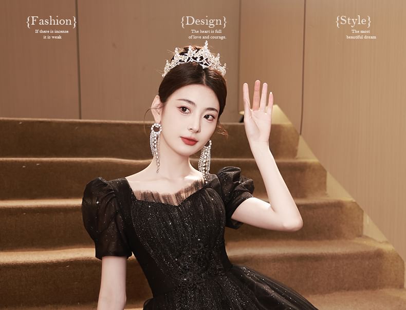 Plain A-Line Evening Sequin Gown Short-Sleeve