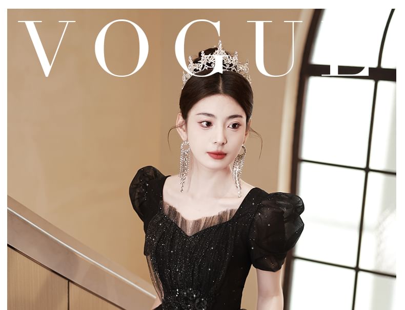 Plain A-Line Evening Sequin Gown Short-Sleeve