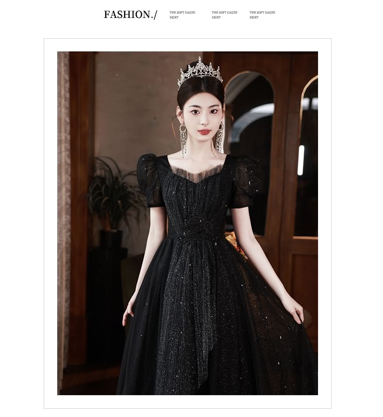 Short-Sleeve Sequin Evening Plain Gown A-Line