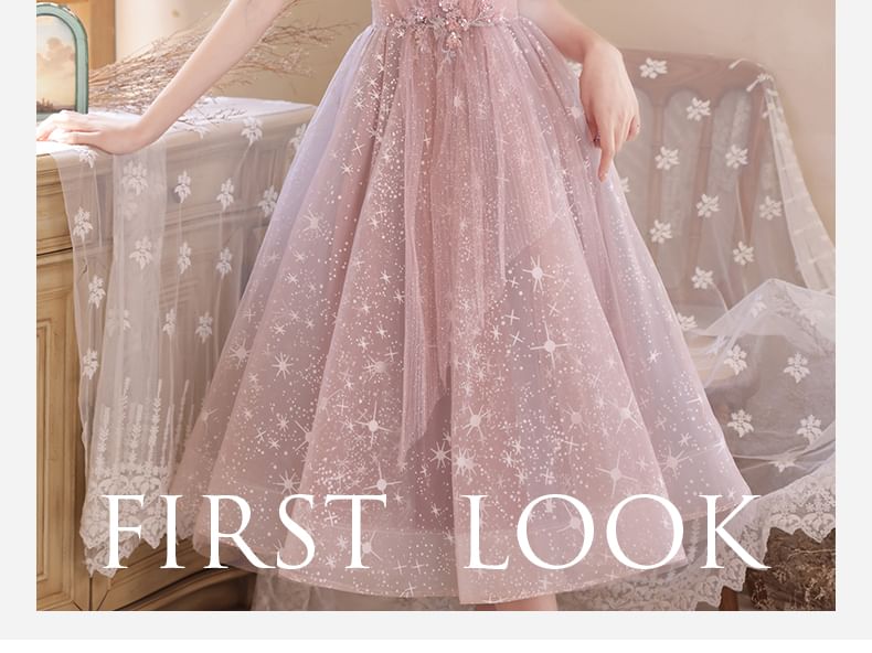 Dress Sequin A-Line Mesh Midi Short-Sleeve Cocktail