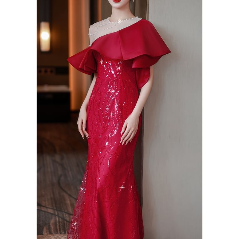 Gown Mermaid Beaded Short-Sleeve Trim Sequin Evening Ruffle