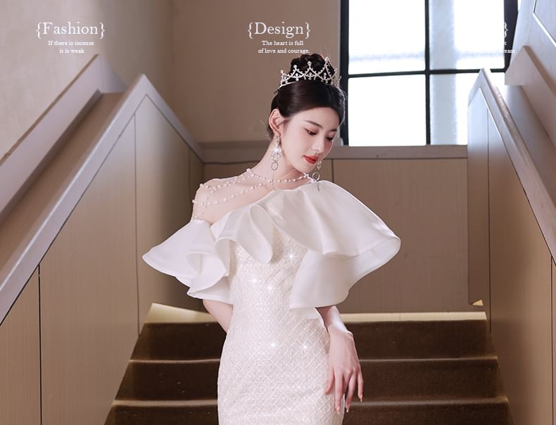 Gown Mermaid Beaded Short-Sleeve Trim Sequin Evening Ruffle